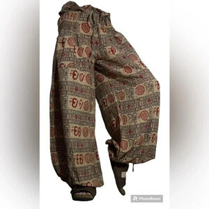 Sanchi Balloon Pant Tribal Design One Size Made in India Tie Ankle/Drawstring